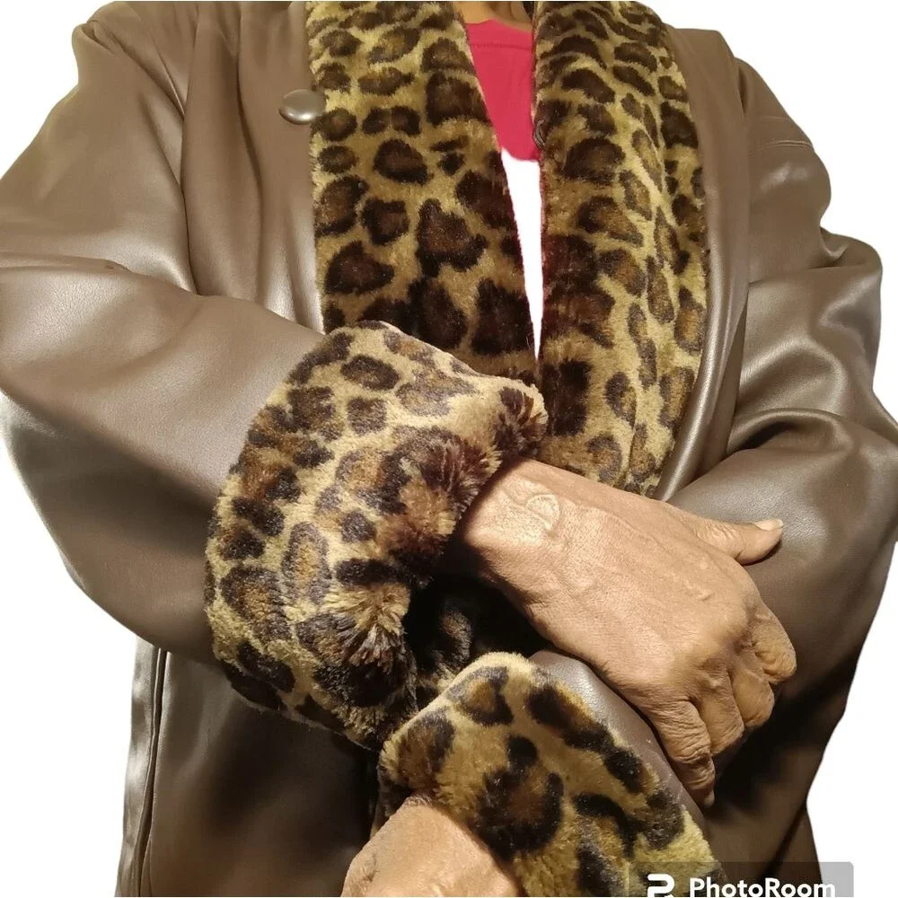 Leopard Trim Vegan Leather Quilted Lining Brown Animal Print Car Coat Sz…